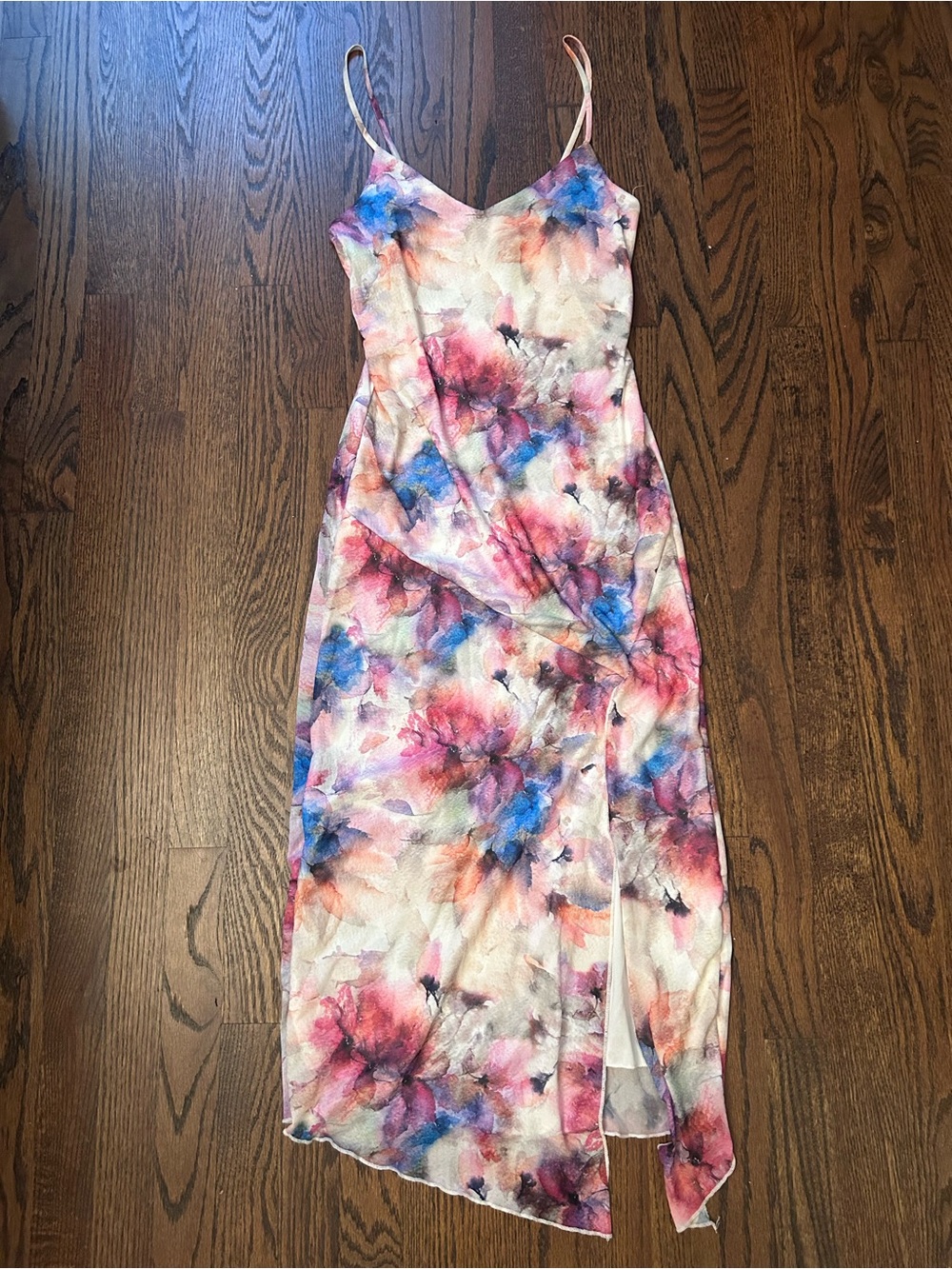 Caution To The Wind Watercolor Floral Slip Midi Dress - White, Pink, Blue
